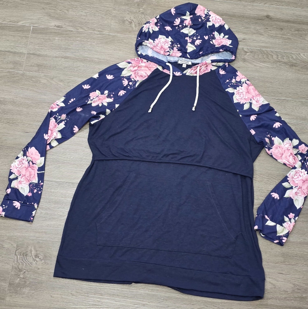 New BreastFeeding Maternity Hoodie Shirt Womans Sz XXL Ginkana Navy Blue Flowers - Picture 1 of 7